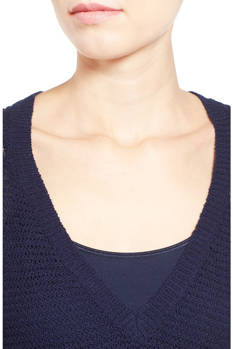 Textured Cotton V-Neck Sweater, Alternate, color, NAVY PEACOAT