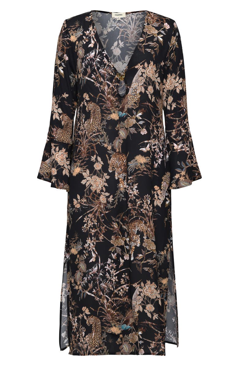 L'AGENCE Sara Jungle Long Sleeve Sheer Crepe Cover-Up Dress, Alternate, color, Black