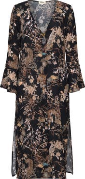 L
AGENCE Sara Jungle Long Sleeve Sheer Crepe Cover-Up Dress