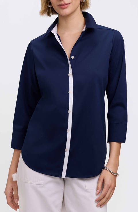 Charlie Contrast Trim Cotton Blend Button-Up Shirt (Plus)