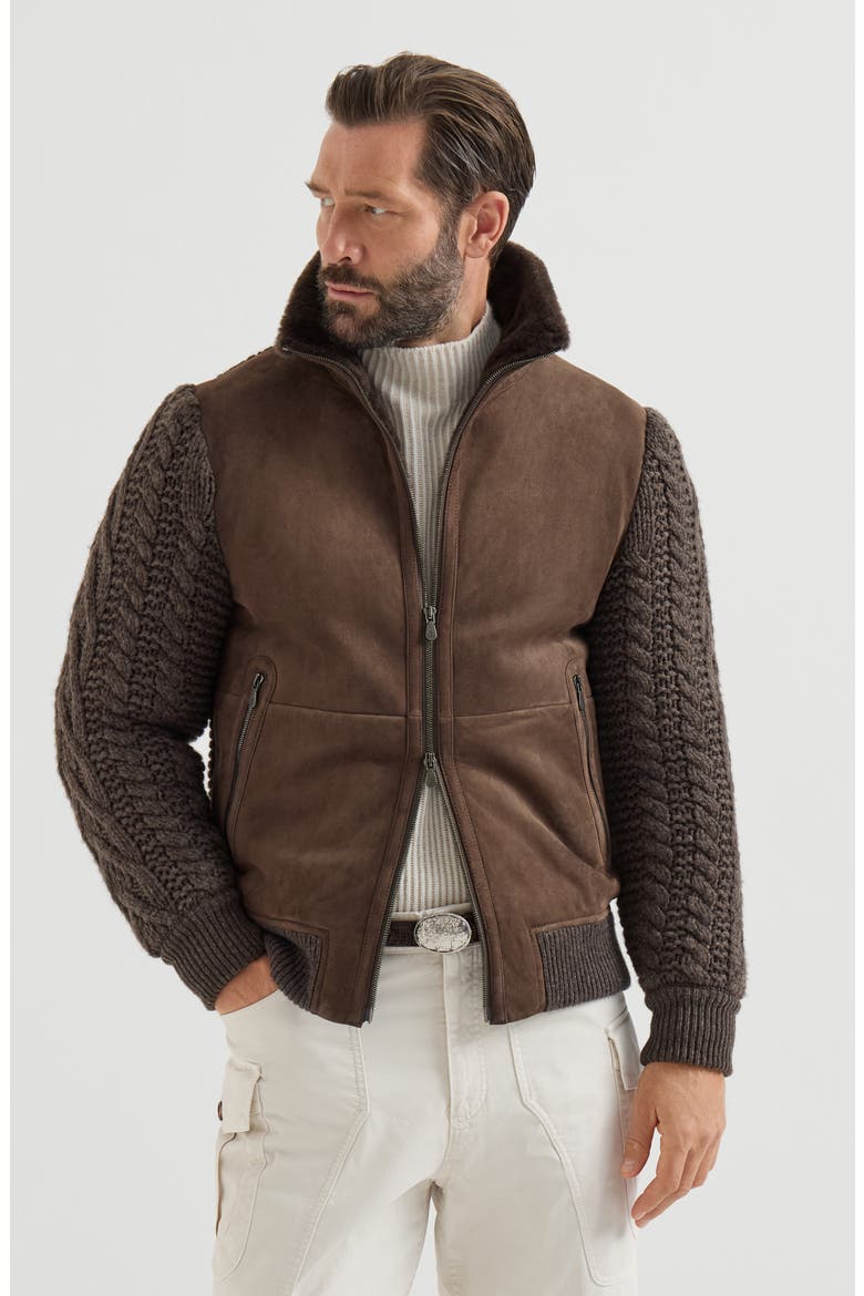 Suede shearling and cashmere knit bomber jacket with Thermore® padding, Main, color, Brown