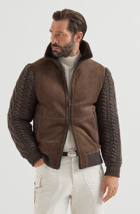 Suede shearling and cashmere knit bomber jacket with Thermore® padding