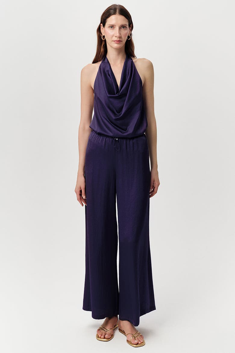 Queen Drawstring Waist Wide Leg Satin Pants, Main, color, Navy