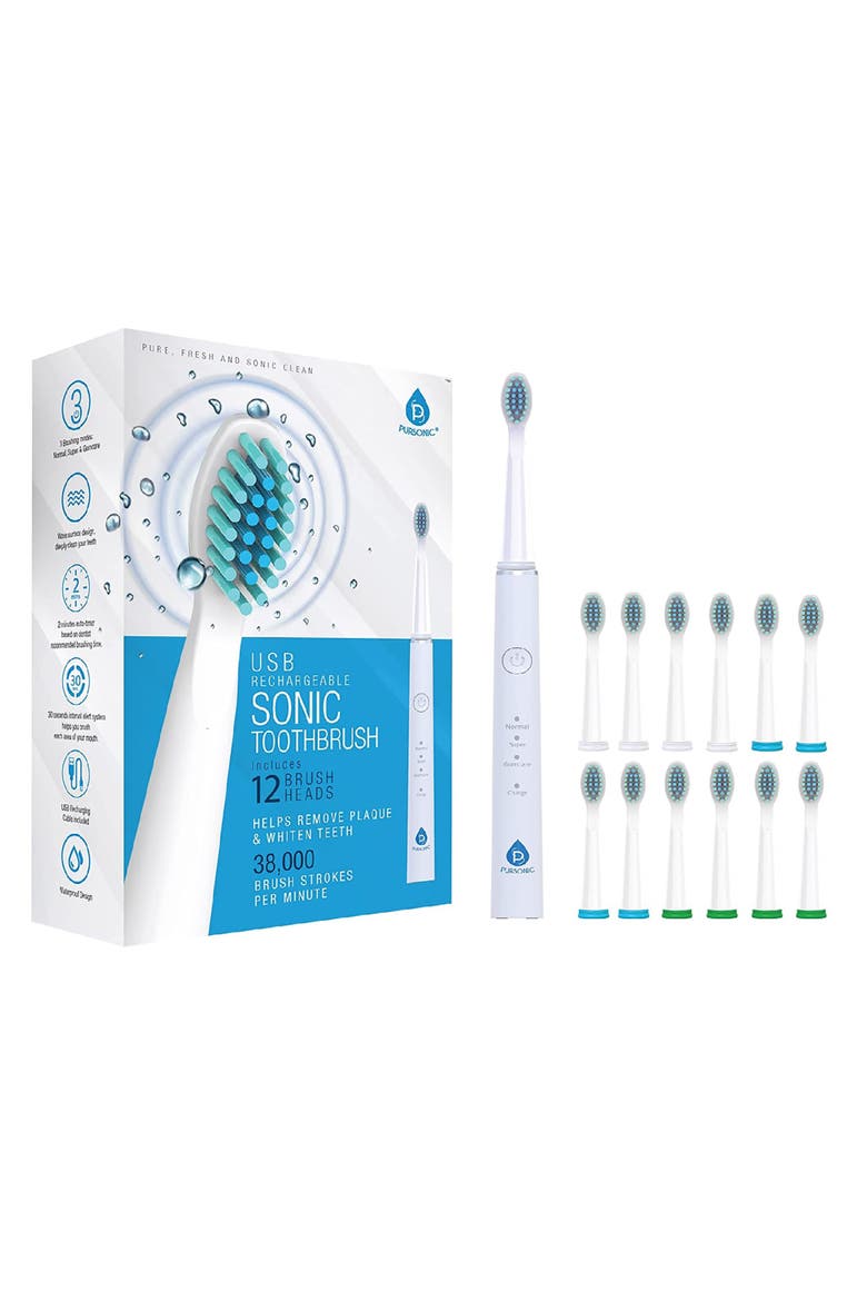 USB Sonic Toothbrush with 12 Heads - White, Alternate, color, WHITE