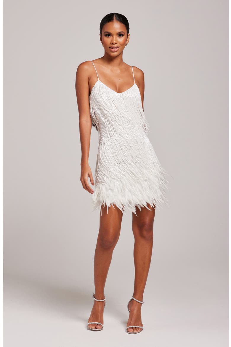 Lottie Fringe Feather Minidress, Alternate, color, WHITE