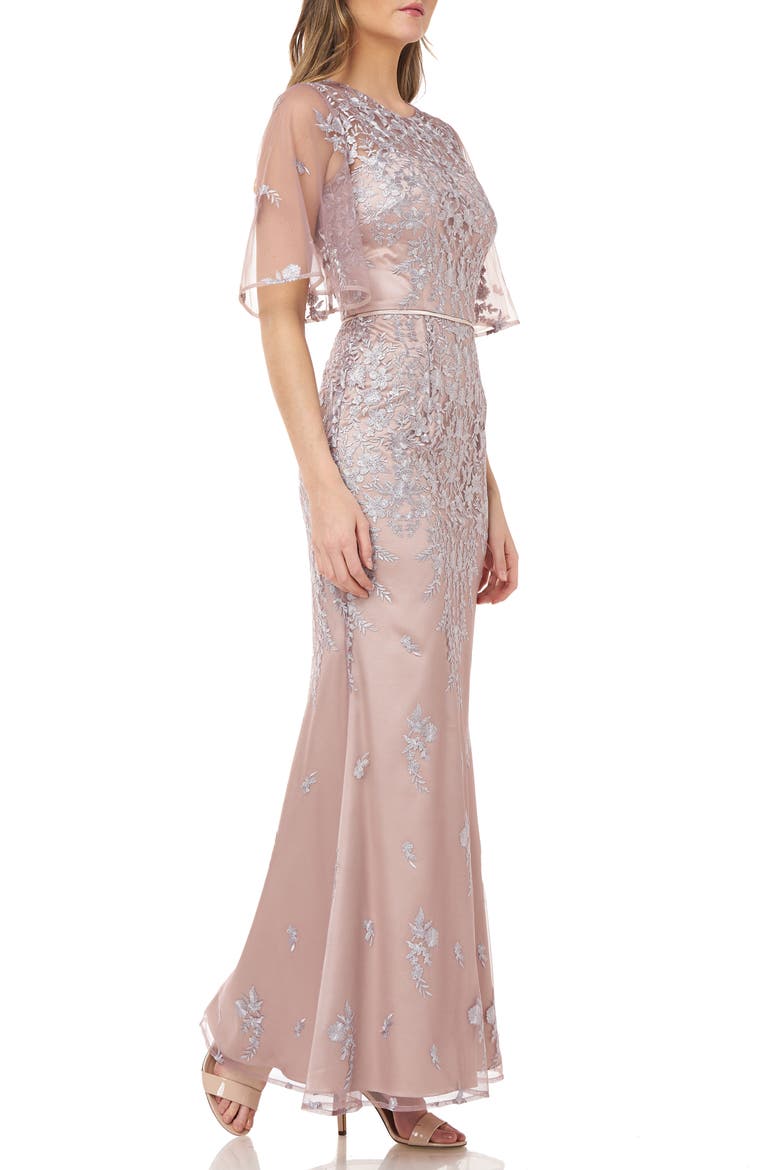 Floral Embroidered Evening Gown, Alternate, color, MINK/ NUDE
