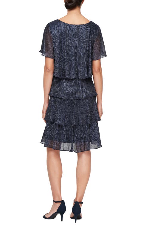 Shop Sl Fashions Tiered Shimmer Metallic Flutter Sleeve Dress In Navy
