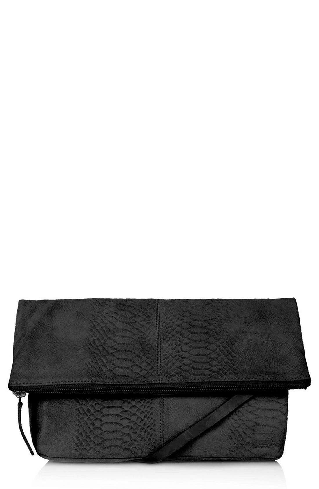 Snake Print Suede Clutch, Main, color, BLACK
