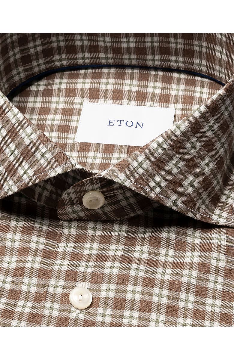 Eton Slim Fit Brown Check Cotton Flannel Dress Shirt, Alternate, color, Medium Brown