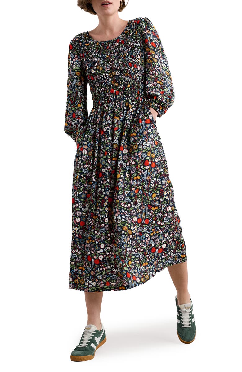 Seasalt Cornwall Meadowsweet Floral Smocked Long Sleeve Midi Dress, Main, color, Still Life Maritime