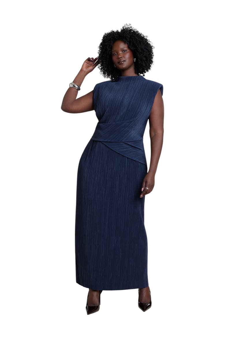 Draped Bodice Plisse Maxi Dress, Alternate, color, DARK NAVY