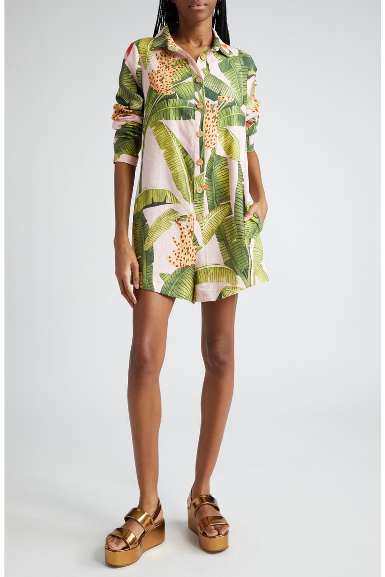 Banana Leaves Linen Blend Romper, Main, color, BANANA LEAVES PINK