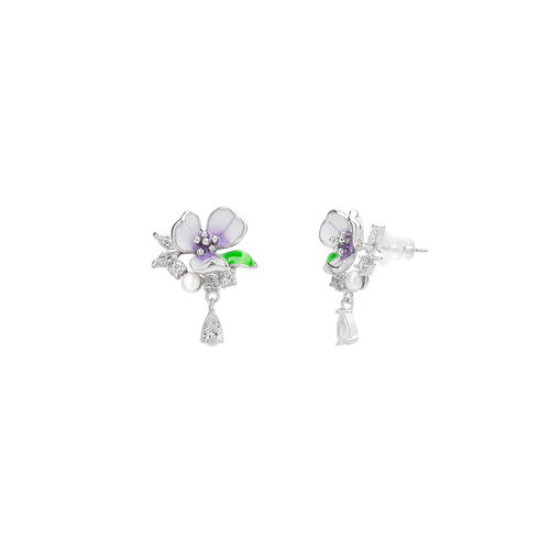 Spero London Pansy Violet Floral Earring In Silver