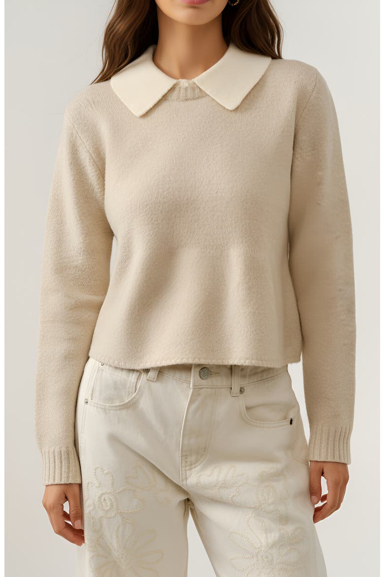 Cropped Knit Cardigan with Contrast Collar and Button Front, Main, color, Beige / Off-White