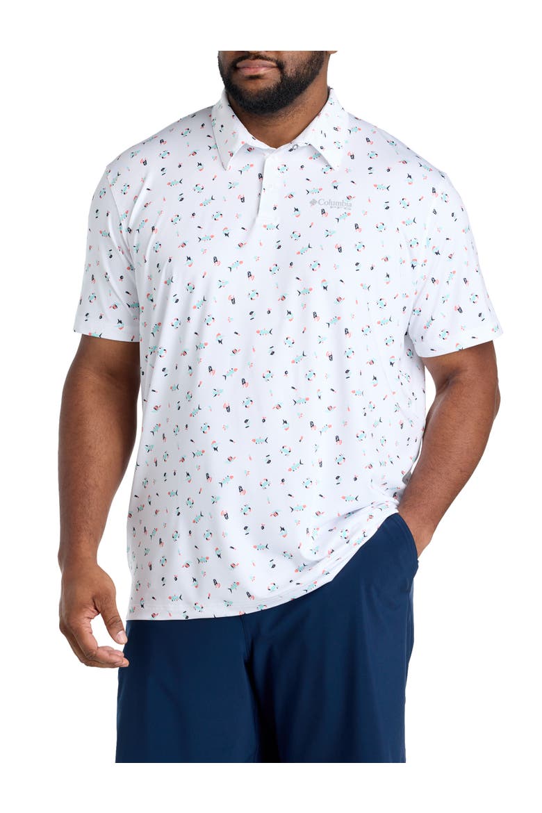 Big & Tall PFG Super Slack Tide Fish Print Polo Shirt, Main, color, WHITE