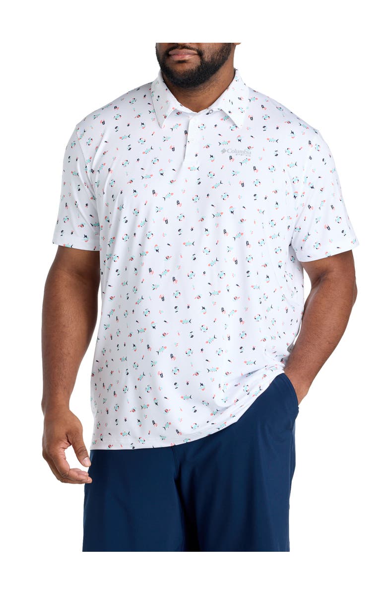 Columbia Big & Tall PFG Super Slack Tide Fish Print Polo Shirt, Main, color, White