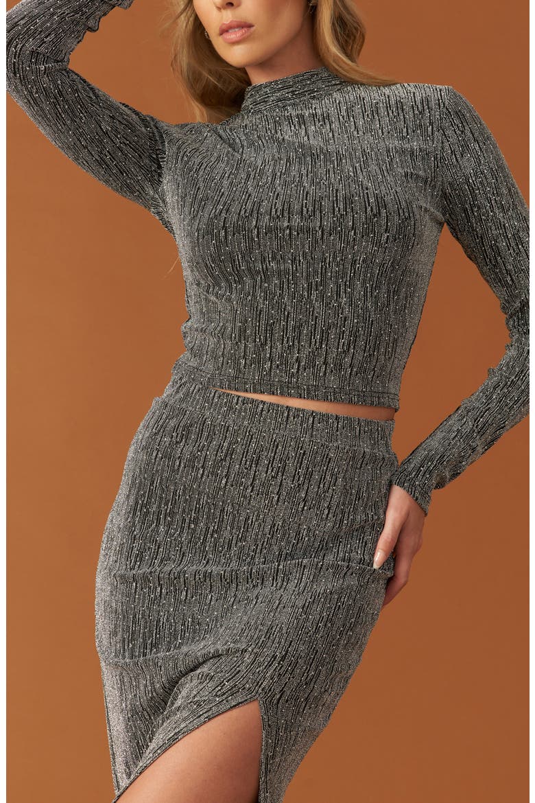 Mock Neck Crop Top & Midi Skirt Set, Alternate, color, SILVER