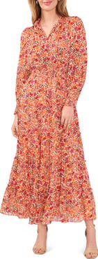 Chaus Floral Smocked Waist Long Sleeve Tiered Midi Dress