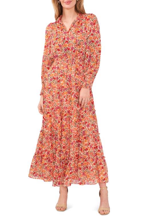 Chaus Floral Smocked Waist Long Sleeve Tiered Midi Dress In Multi