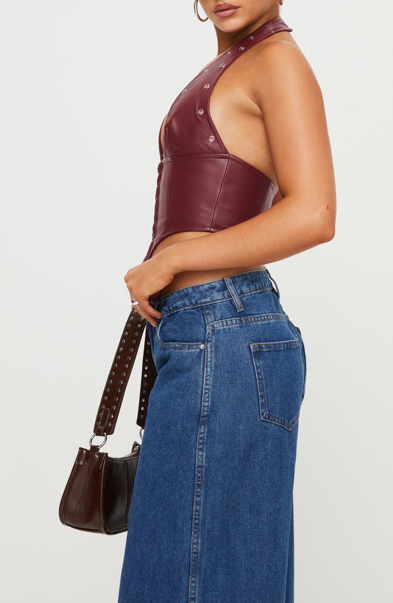 Princess Polly Palladia Jordy Grommet Faux Leather Corset Halter Top, Alternate, color, Dark Red