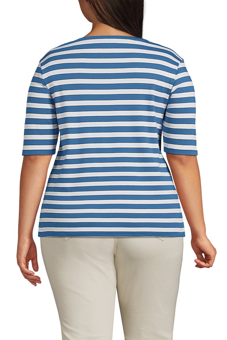 Supima Cotton Elbow Sleeve Boatneck Button Shoulder Tee, Alternate, color, Teal Blue Ocean Multi Stripe