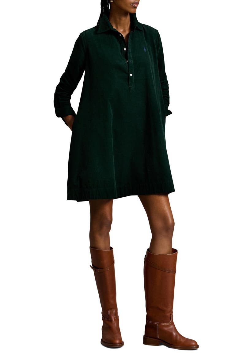 Pleated Cotton Corduroy Shirtdress, Main, color, GREEN