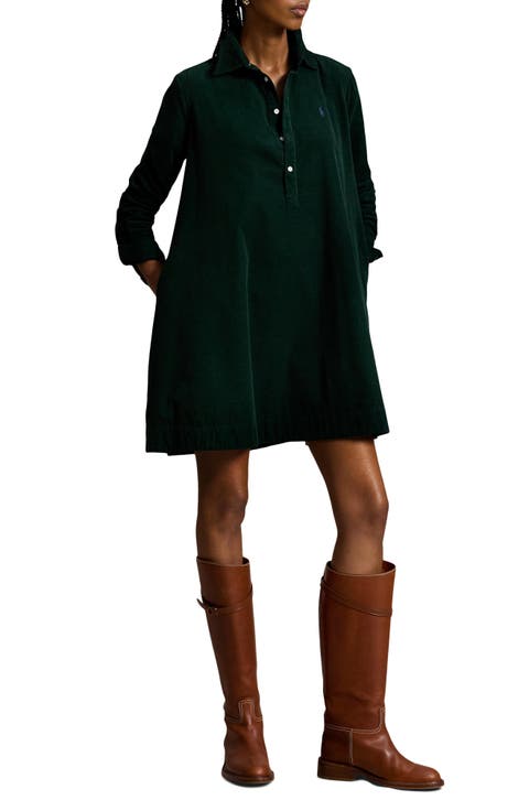 Pleated Cotton Corduroy Shirtdress