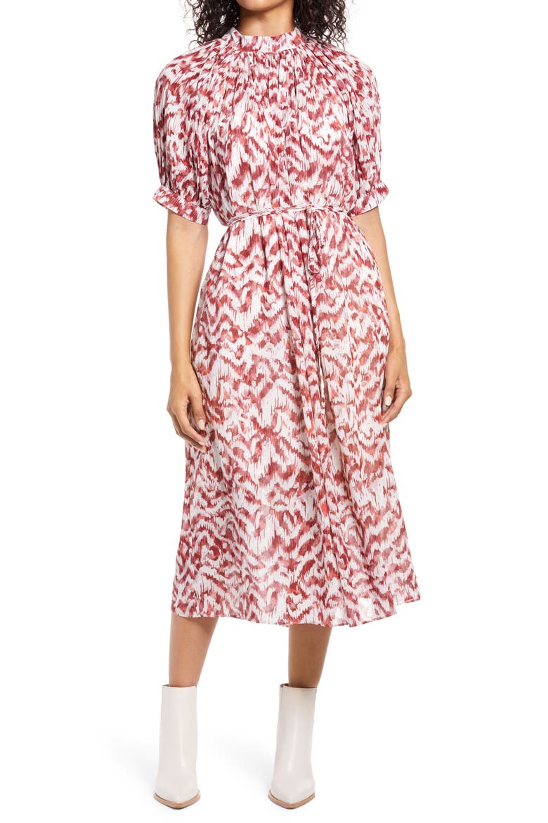 Puff Sleeve Pleated Midi Dress, Main, color, SOFT WHITE/ RAISIN