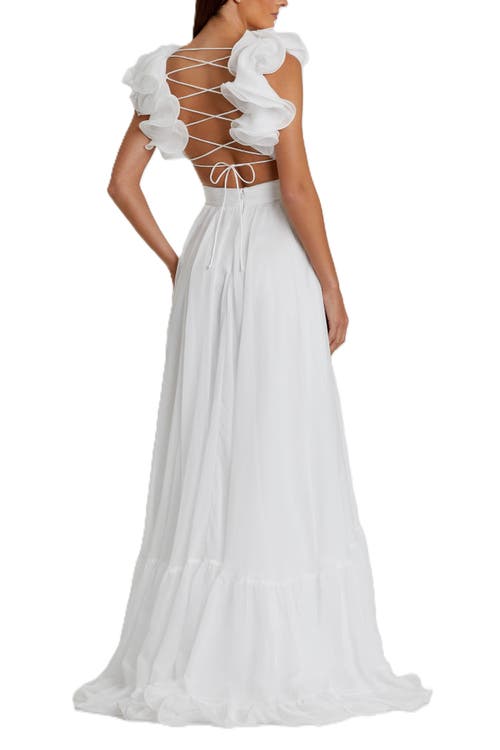 Mac Duggal Rosette Chiffon Cutout Empire Waist Gown In White