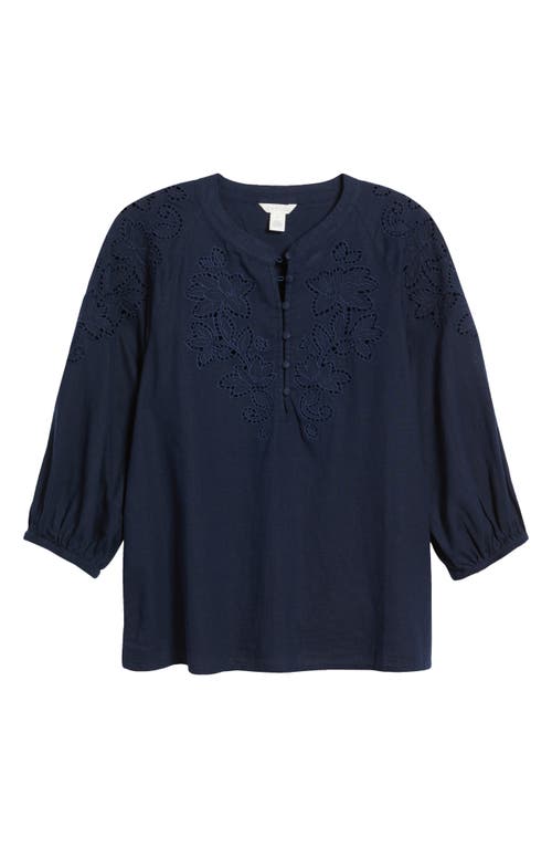 Caslonr Caslon(r) Embroidered Cutwork Split Neck Linen Blend Popover Top In Navy Blazer