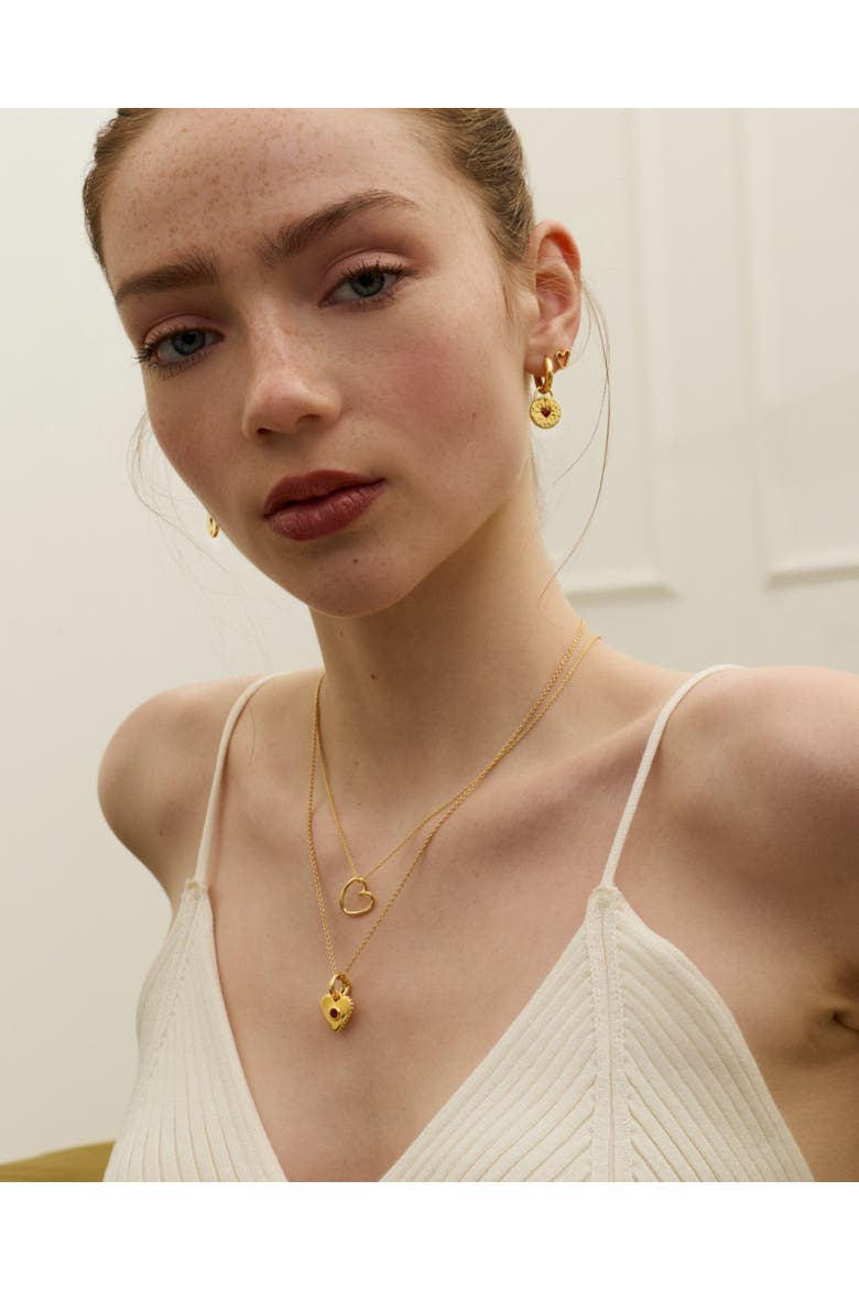 Garnet Heart Huggie Earrings, Alternate, color, Gold