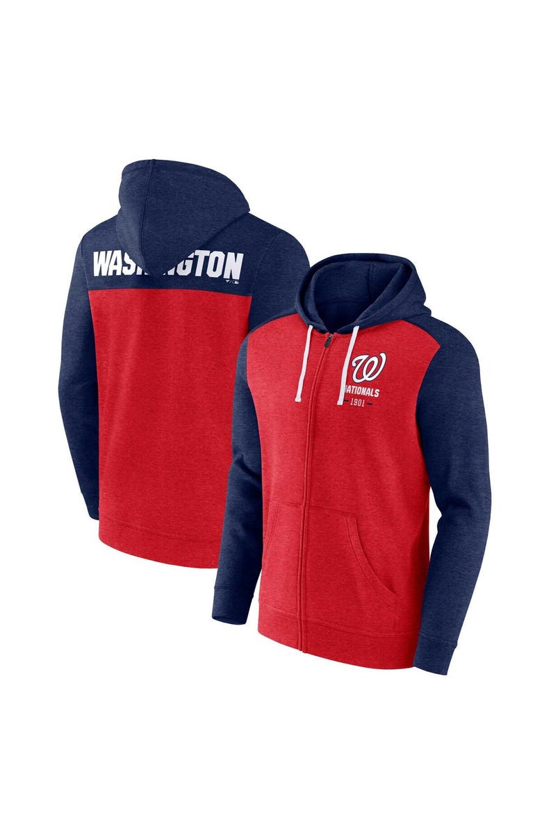 FANATICS Men's Fanatics Branded Heathered Red/Heathered Navy Washington Nationals Blown Away Full-Zip Hoodie, Main, color,