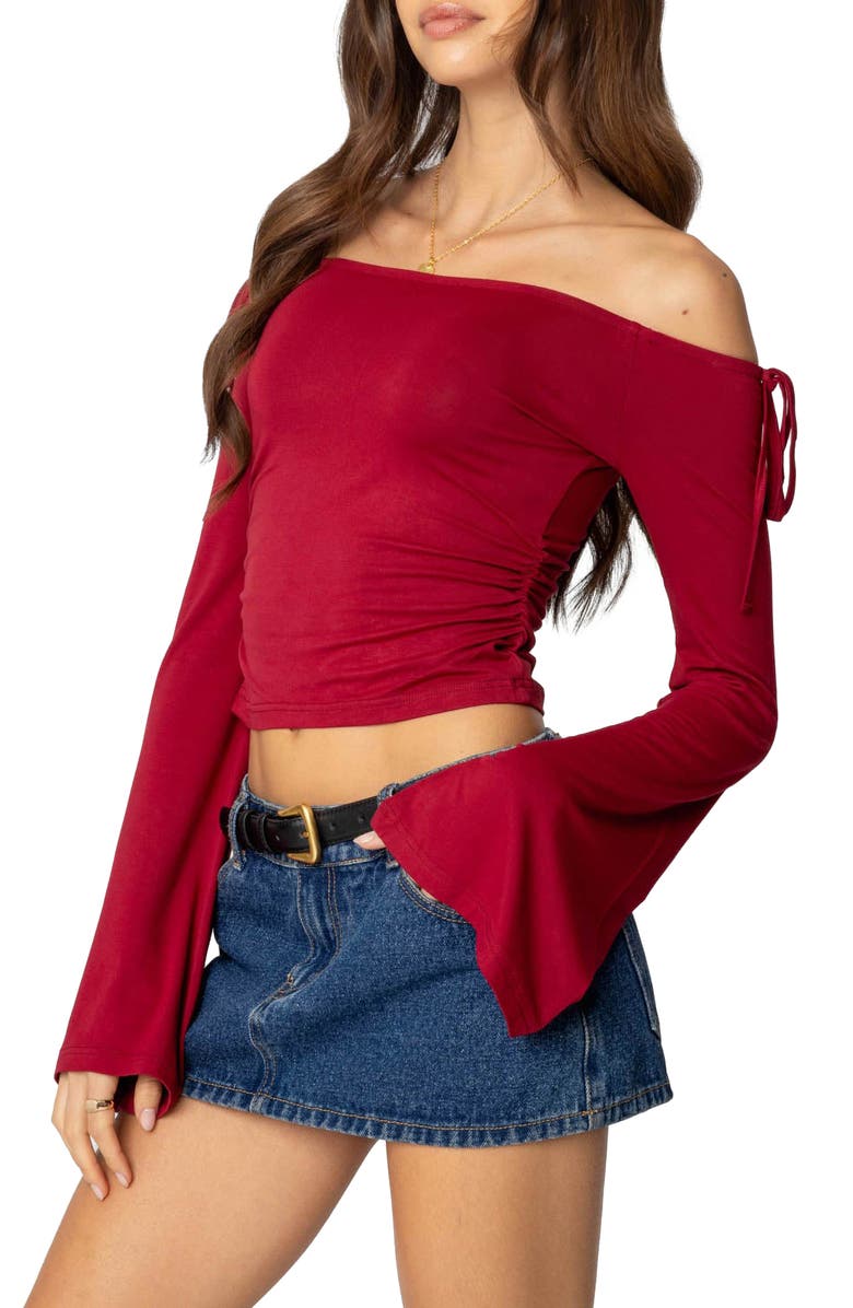 EDIKTED Keaghan Off the Shoulder Bell Sleeve Top, Alternate, color, Burgundy