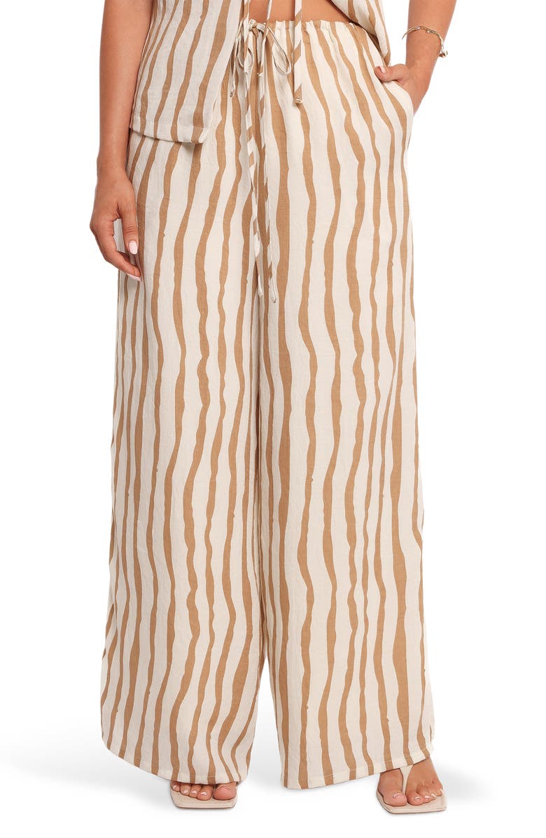 Petal & Pup Marmo Stripe Wide Leg Cotton Blend Drawstring Pants, Main, color, Tan Stripe