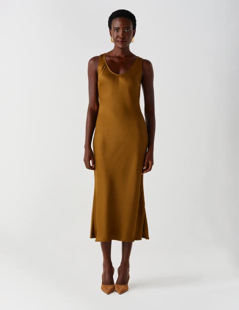 Palm Satin Sleeveless Slip Midi Dress