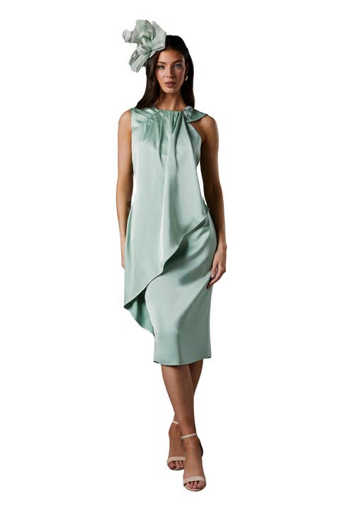 Sleeveless Satin Frill Midi Dress