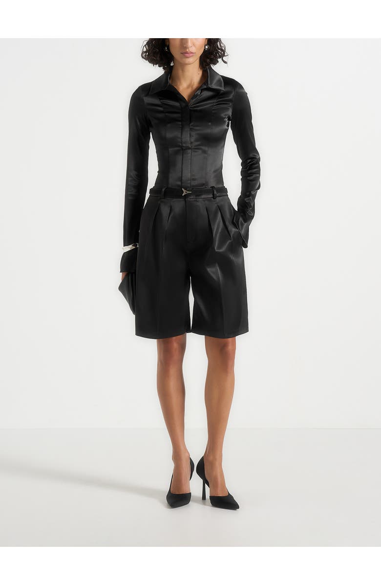 Manière De Voir Lorette Satin Double Pleat Shorts, Main, color, Black