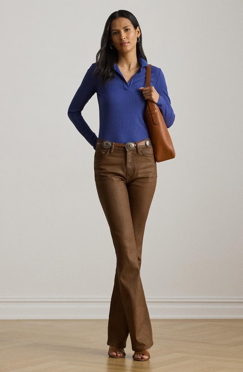 Lauren Ralph Lauren Rib Long Sleeve Polo Top, Alternate, color, Charter Blue