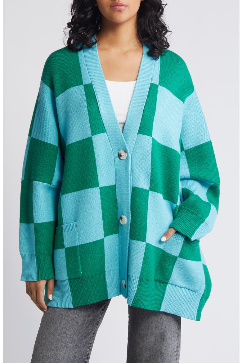 Love You Oversize Checkerboard Cardigan, Alternate, color, EMERALD/ SKY