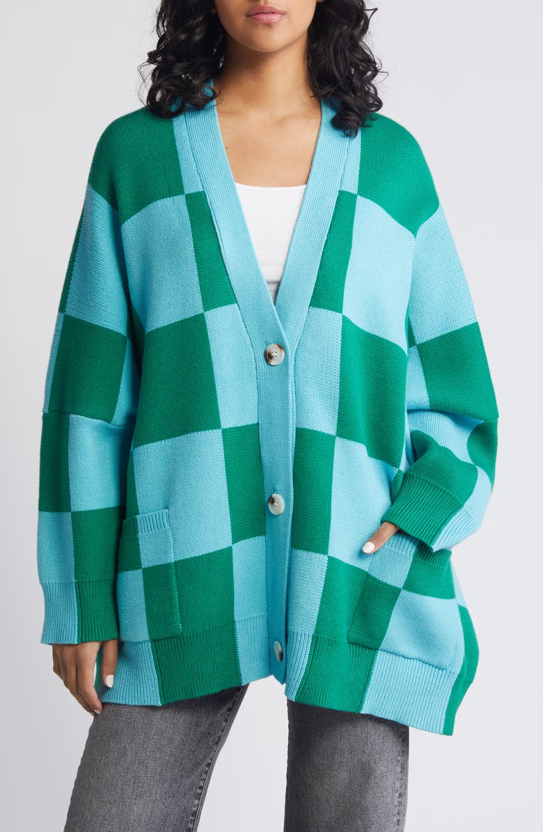 Dressed in Lala Love You Oversize Checkerboard Cardigan, Alternate, color, Emerald/ Sky