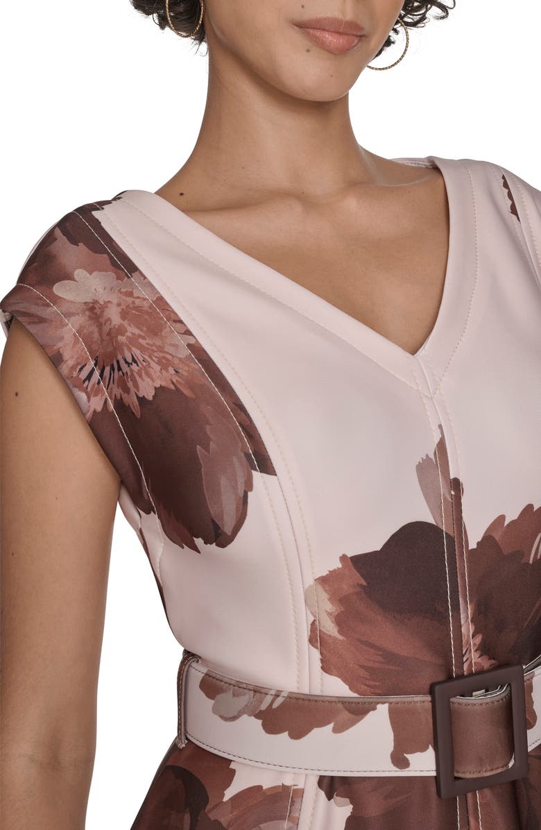 Calvin Klein Floral V-Neck Belted Midi A-Line Dress, Alternate, color, Coffee Bean Multi
