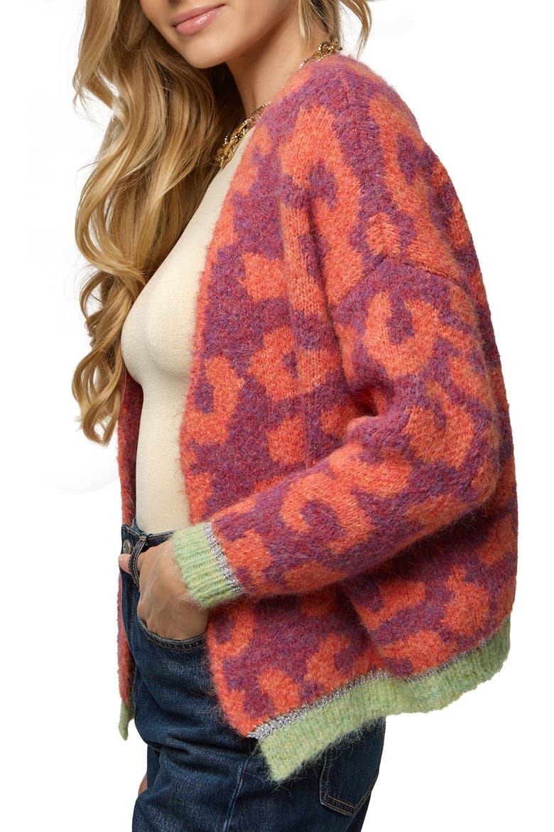 Fuzzy Knit Leopard Print Cardigan, Alternate, color, ORANGE