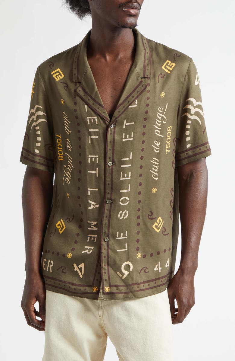Balmain Club 45 Print Short Sleeve Button-Up Pajama Shirt, Main, color, Uix Khaki/ Multi