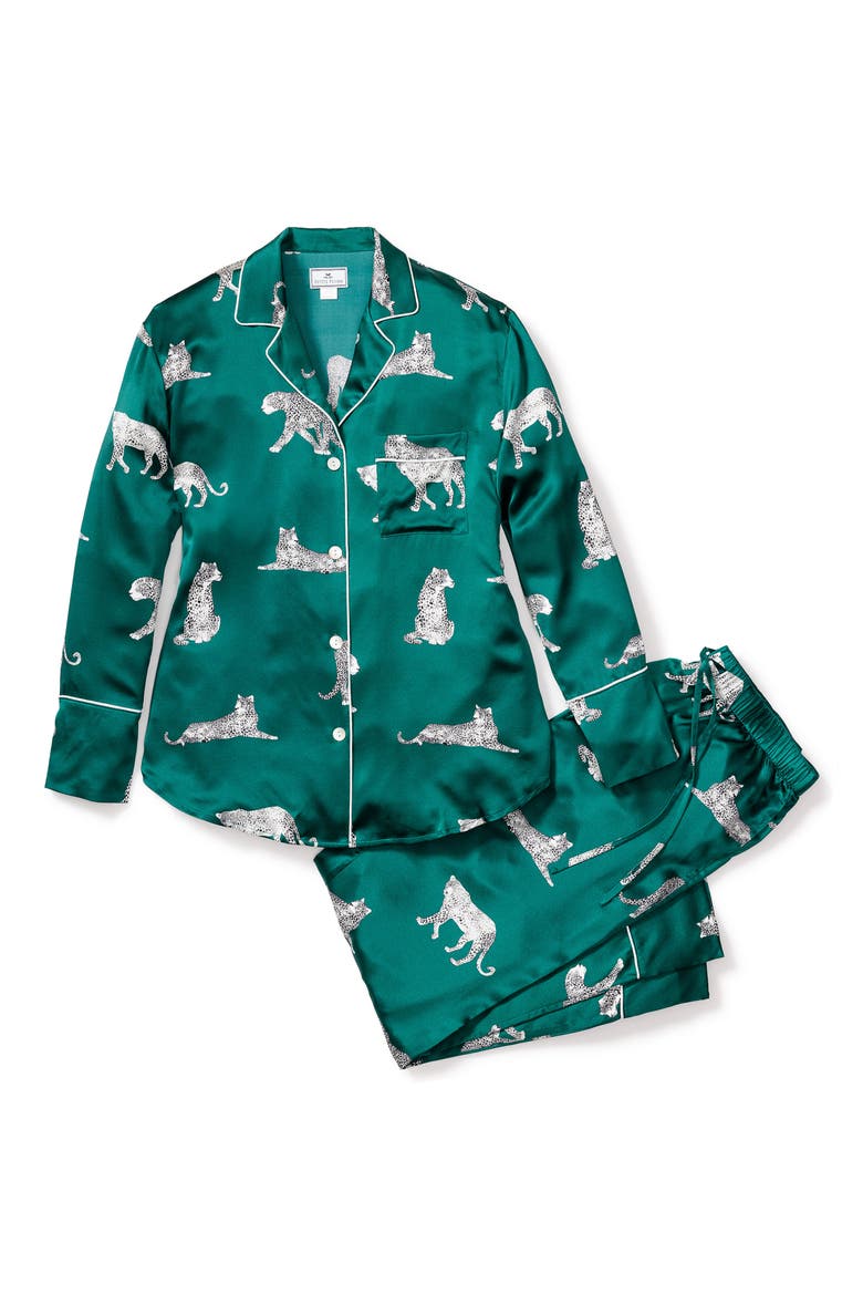Panthre de Nuit Piped Mulberry Silk Pajamas, Alternate, color, GREEN