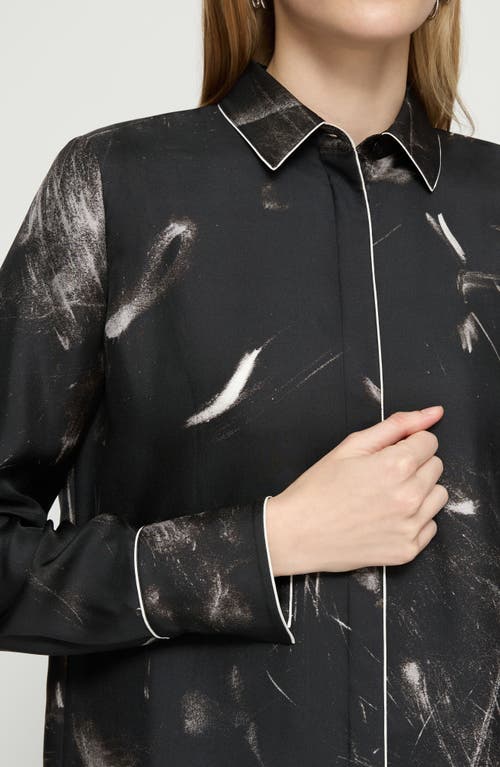 Lafayette 148 Scottie Piped Abstract-print Silk Blouse In Black Multi