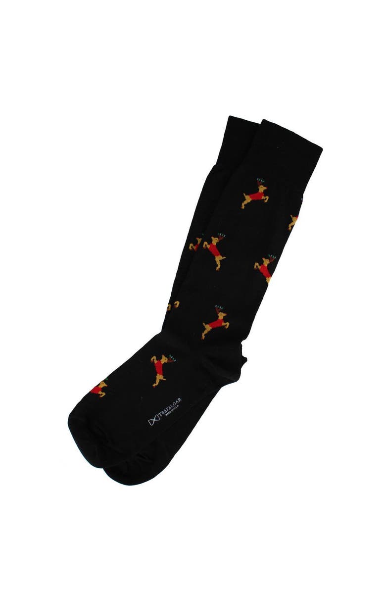 Trafalgar Flying Reindeer on Christmas Eve Novelty Mid Calf Mercerized Cotton Socks, Alternate, color, Black