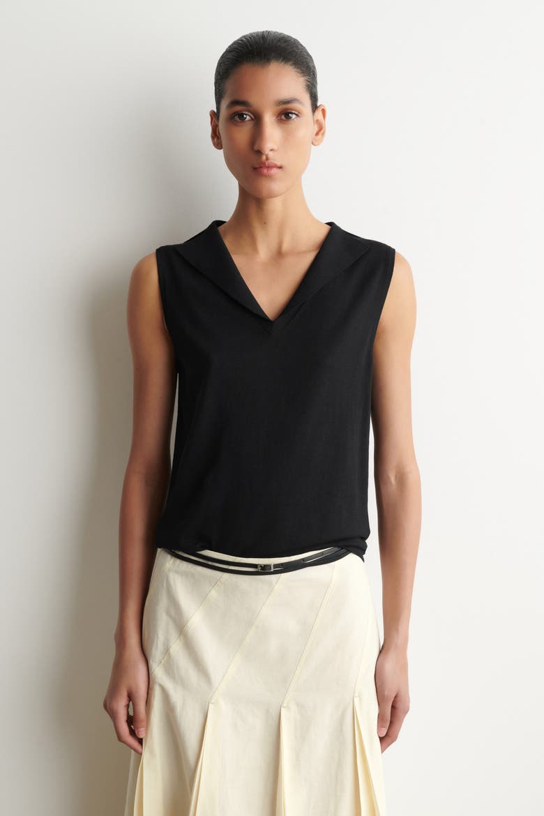 Sailor-collar Knitted Cotton-silk Top, Main, color, BLACK