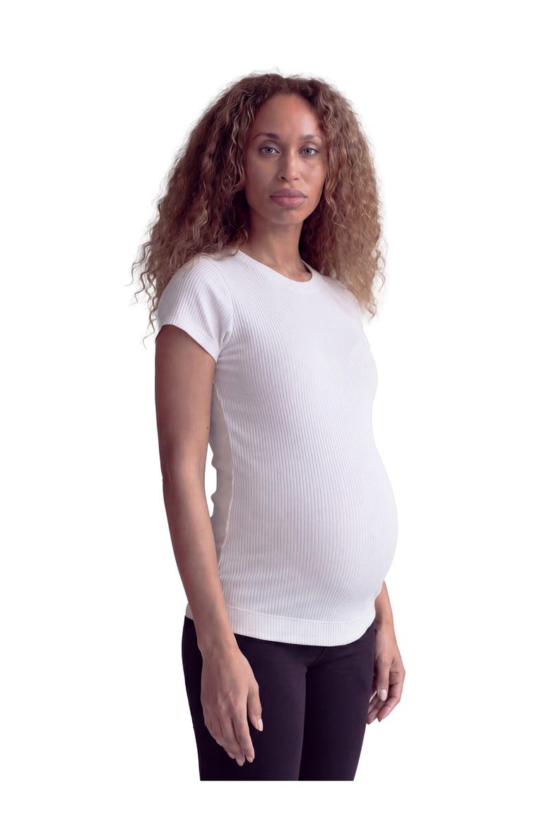 Maternity Basic Ribbed Knit Round Neck Short Sleeve Top, Alternate, color, White