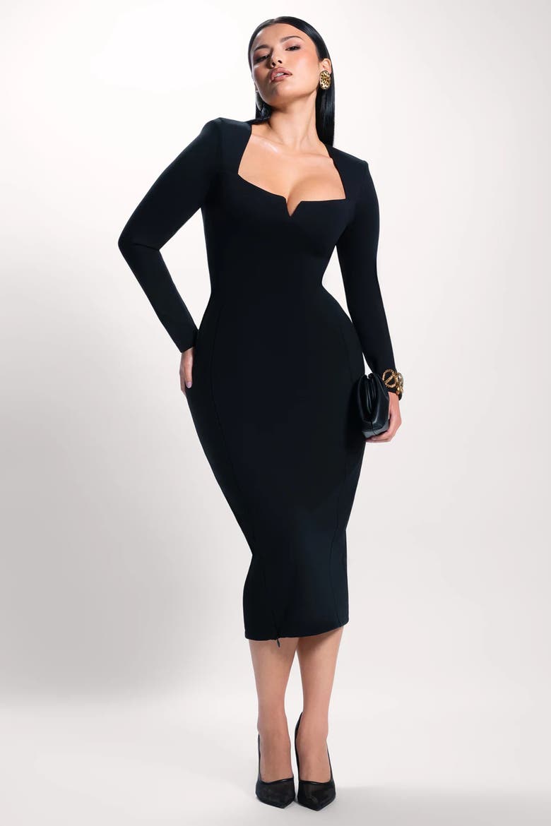 Mega Sculpting Notch Neck Long Sleeve Midi Dress, Alternate, color, Black