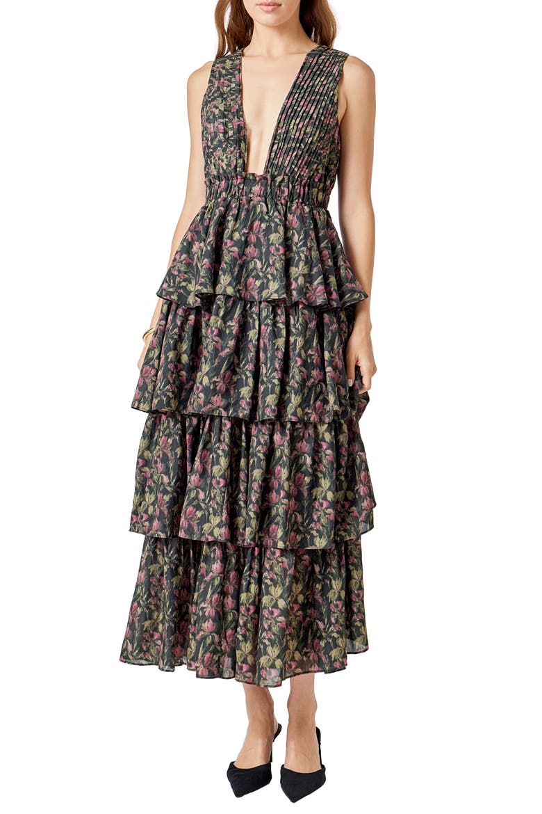 Tiered Floral Sleeveless Maxi Dress, Main, color, BLACK MULTI